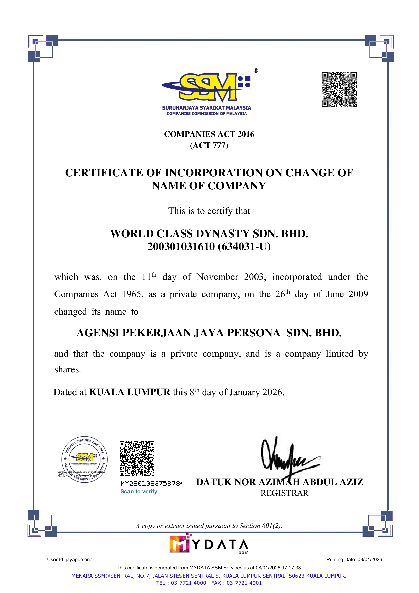 Jaya Persona Company Registration
