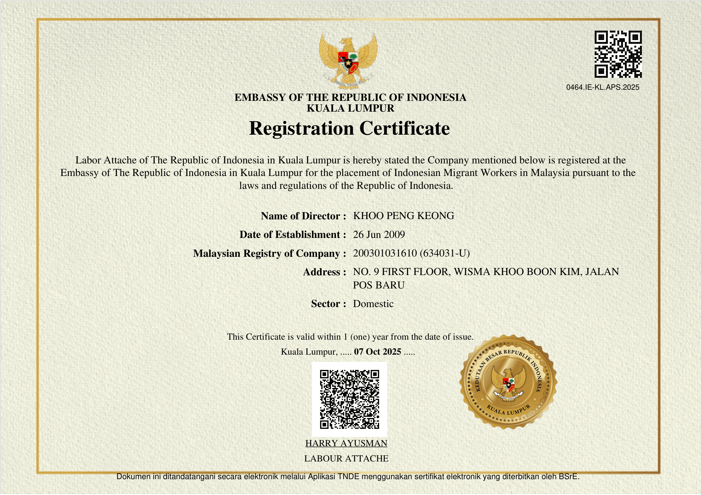 Indonesian Embassy Accreditation Certificate